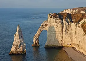Upper: Chalk cliffs, rock needle Aiguille and Porte dAval
