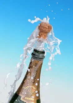 Foam: Champagne cork shooting out of the bottle