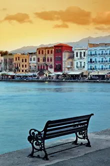 Bench: Chania at dusk, Chania, Crete, Greece
