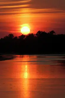 Flooding: Channels and lakes during sunset in the