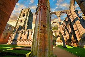 Dilapidated: Side chapel and bell tower of Fountains Abbey, ruined