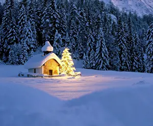 Churches: Chapel near Elmau, dusk, snow-covered winter landscape