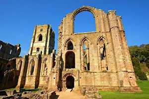 Churches: Side chapel wall and bell tower of Fountains Abbey