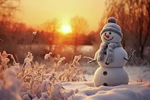 Generated: A cheerful looking snowman stands in a forest, there