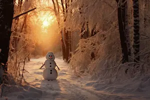 Track: A cheerful looking snowman stands in a forest, snow