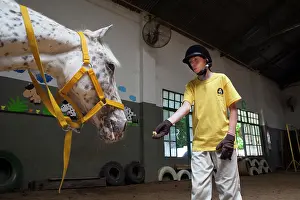 Halter: Child feeding a horse in a horse therapy center - Argentina