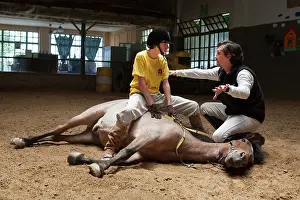 Speaking: Child making a trust exercise on a horse in horse therapy