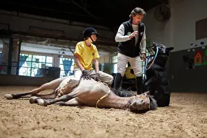 Speaking: Child making a trust exercise on a horse in horse therapy