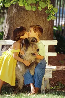 Benches: Children - boy, girl & dog under tree