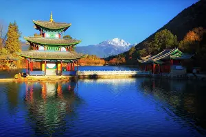 Pavilion: Chinese pagoda, Deyue Pavilion, reflected in Black