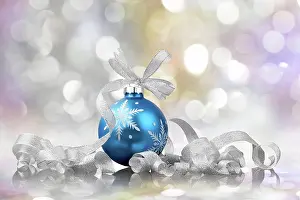 Decorated: christmas balls on a holiday lights background