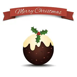 070219: Christmas pudding illustration with holly, Merry Christmas