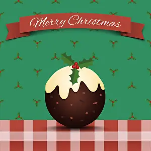 070219: Christmas pudding illustration with holly, Merry Christmas