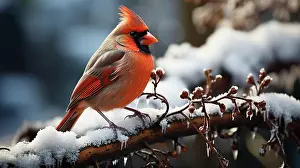 Generated: Christmas red cardinal bird on the branch on a wintery