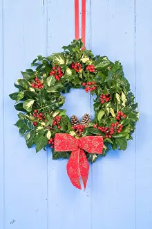 Wreaths: Christmas Wreath on old blue painted wooden door