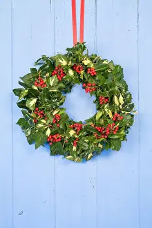 Wreaths: Christmas Wreath on old blue painted wooden door