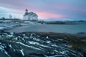 Gimsy: Church on the coast at dusk, Gimsoy, Lofoten, Norway