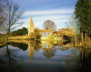 Dovecote: Church - with timber framed Dovecote reflected