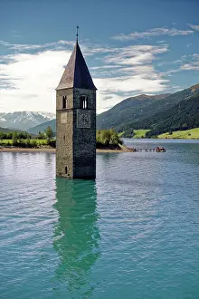 Flooded: Church tower of Alt-Graun in the Lake Reschensee