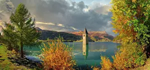Protrude: Church tower in Lake Reschen, Graun, Reschen, Trentino-Alto