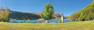 Protrude: Church tower in Lake Reschen Panorama, Graun, Reschen