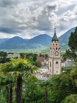 Steeple: City of Meran (Merano) with church. South