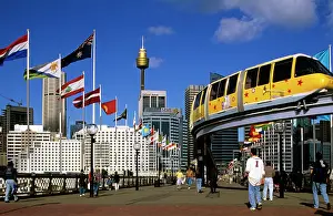 Darling: City and monorail from bridge to Darling Harbour Sydney