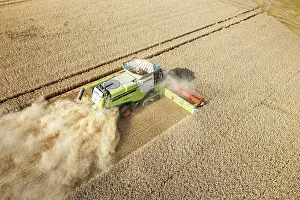 Vehicle: Claas combine harvester, drone photo, grain harvest