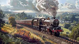 Track: A classic steam locomotive moves along a track on