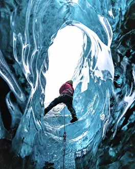 Rfajkull: Climber in an ice cave, Vatnajnkull glacier, Iceland