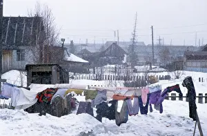Evironment: Clothes drying in snowfall, Siberia