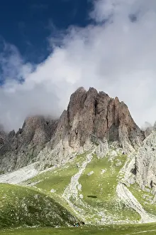 Geisler: Cloudy Odle group, mountain massif in the Dolomites