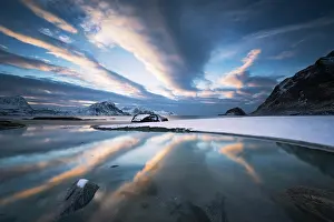 Haukland: Coastal landscape in winter, sunset, Haukland Beach