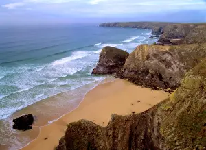 Bedruthan: Coastal Scenery - cliffs and beach of Bedruthan Steps