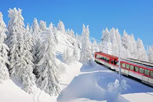 Cable: Cogwheel railway rides through snow-covered forest