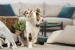 Lifting: Two coloured cat indoors