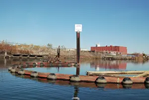 Queens: Containment Boom and Warning Sign on Newtown Creek