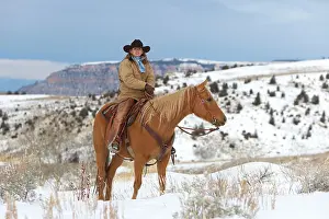Cowgirl: Cowboy / Cowgirl - riding on Quarter Horse in snow