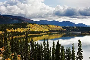 Yukon: The Cowley Lake reflects clouds and fall colors