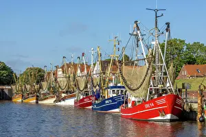 Ship: Crab cutter with crab net in the harbour of Greetsiel
