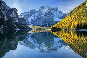 Bolzano: Croda del Becco, Seekofel, reflected in lake in