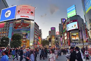 Transport: Crowds crossing Shibuya Scramble crossing at dusk, Shibuya
