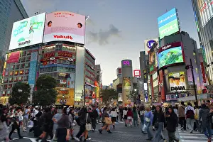 Transport: Crowds crossing Shibuya Scramble crossing at dusk, Shibuya