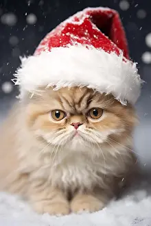 Generated: Cute persian cat with red Christmas santa hat in
