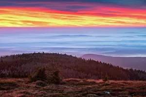 Brocken: Dawn on the Brocken, view over hills and forests