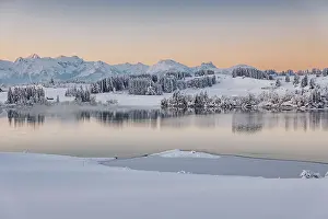 Alpine Upland: Dawn and sunrise at the wintry Forggensee in a snow-covered winter landscape in the foothills of the Alps