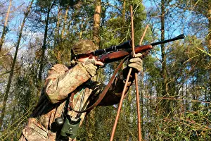 Muntjac: Deer stalking in woodland - A stalker wearing camouflage
