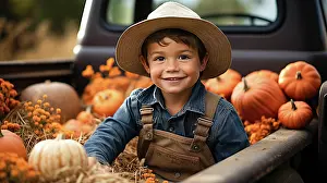 Generated: Delighted smiling young boy wearing overalls and