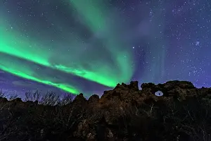 Dimmuborgir: Dimmuborgir Lava Formation at night with Northern
