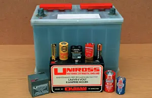 Batteries: Display of different kinds of batteries including